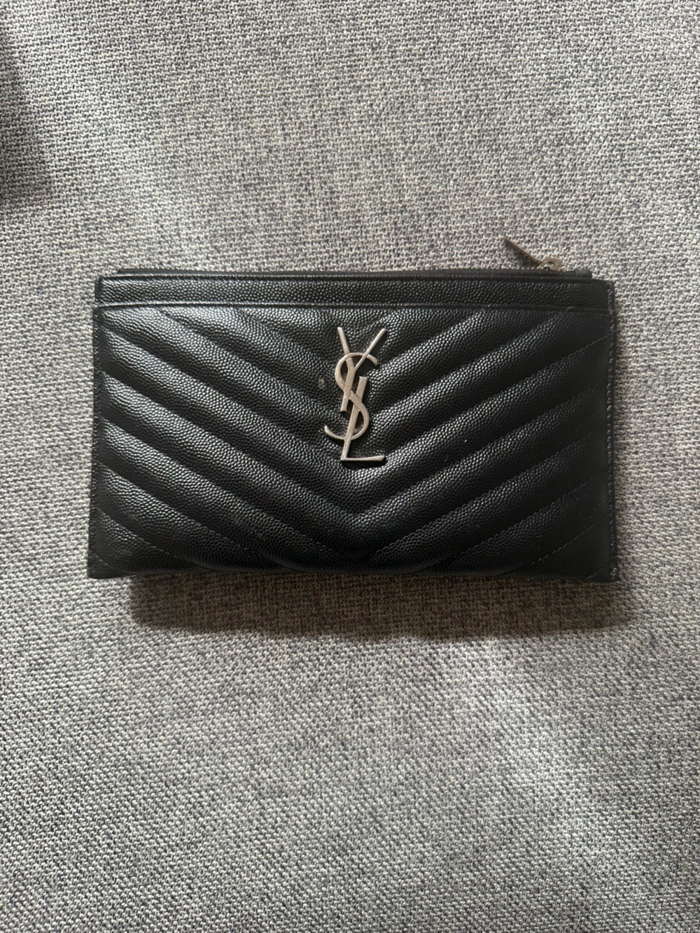 Saint Laurent Black Quilted Chevron Leather Card Holder Wallet with YSL Logo